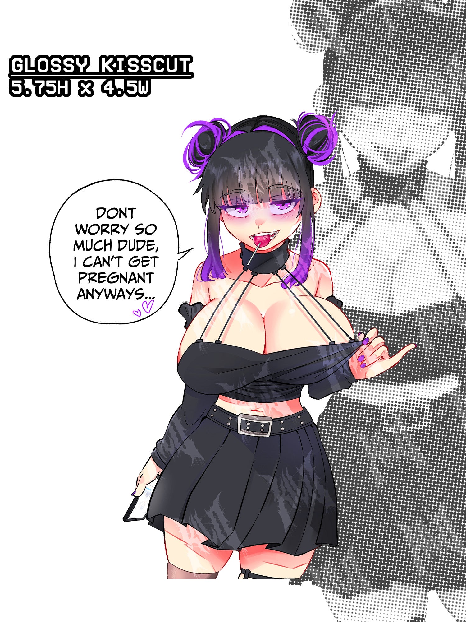 Anime girl character with purple hair and a black outfit, with text bubble, busty anime girl sticker