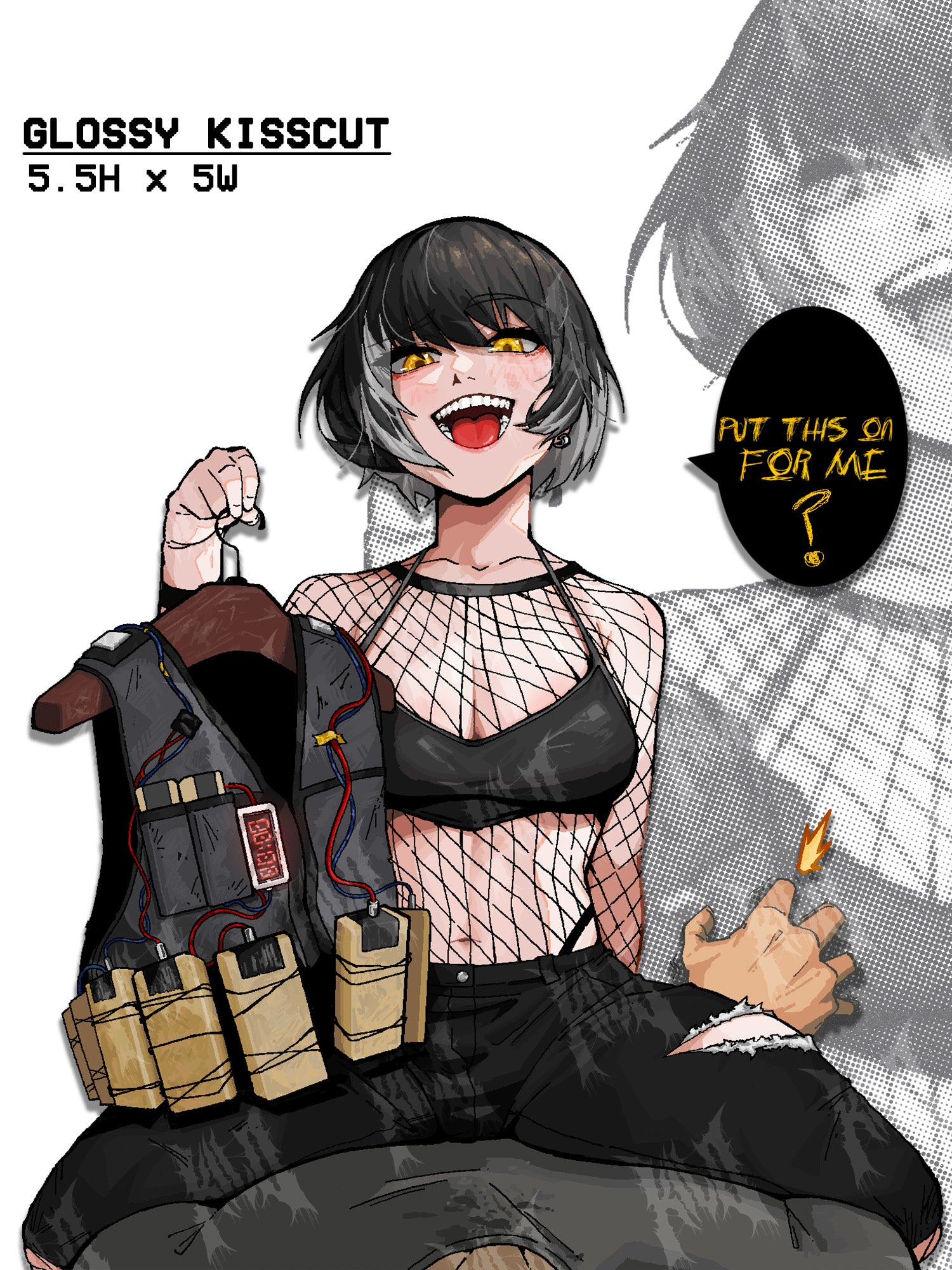 sticker of cute funny anime girl holding a bomb vest while on top of some one.