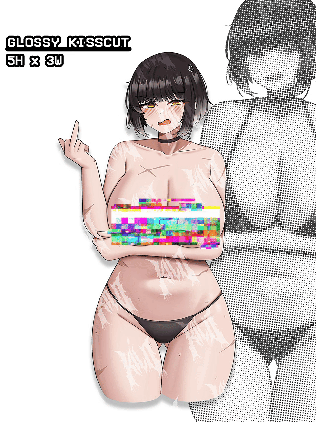 sticker of a thick busty anime girl with scars and big breasts with her nipples out