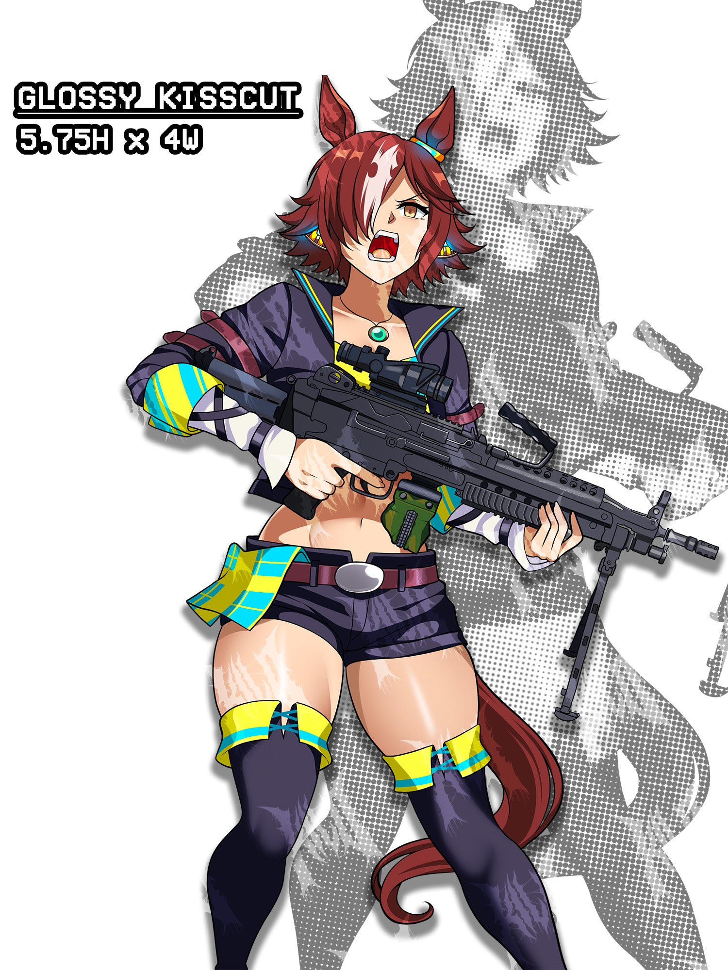 thick vodka, umamusume vodka, uma vodka holding machine gun, umamusume sticker